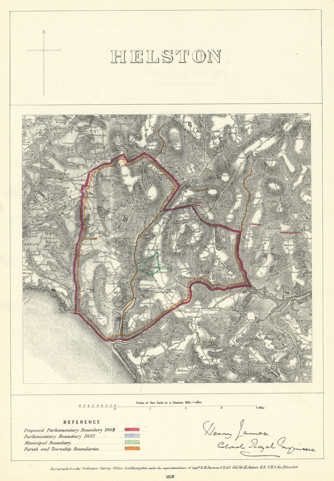 Helston, Cornwall. JAMES. Parliamentary Boundary Commission 1868 old map